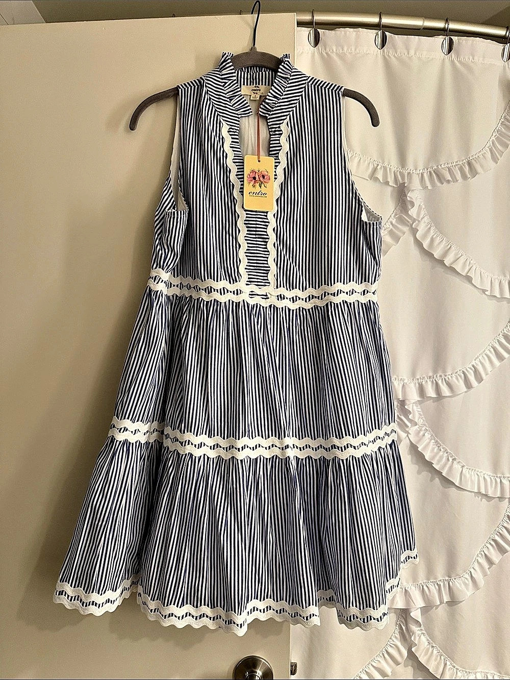 Entro Striped Tiered Dress in Blue & White
